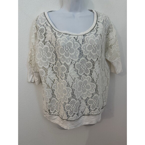 Pleione Womens Ivory Top Lace Doily Crochet Short Sleeve Blouse Size M Sheer - Picture 1 of 7